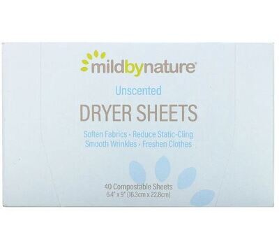 Mild By Nature, Dryer Sheets, Unscented, 40 Compostable Sheets